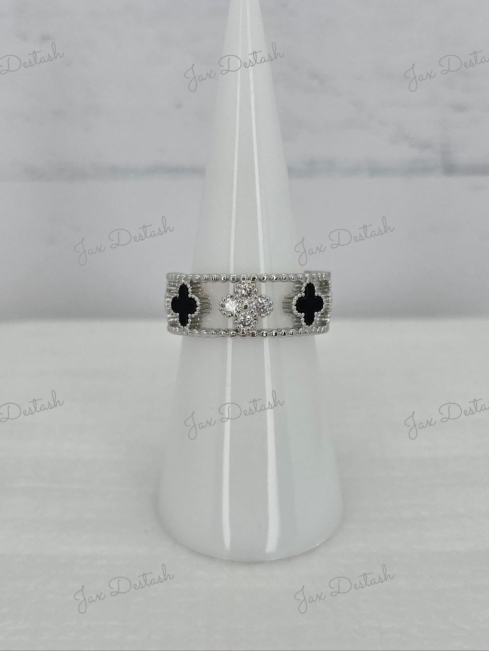 Silver Tone Black Clover Accent Band RG023